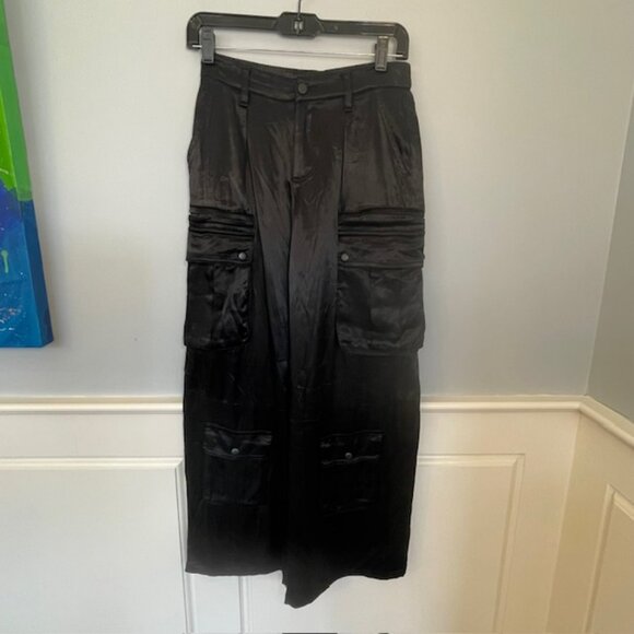 Alice & Olivia Joette Satin Slouchy Cargo Pants Wide Leg Relaxed Black Size 2 - Picture 2 of 7